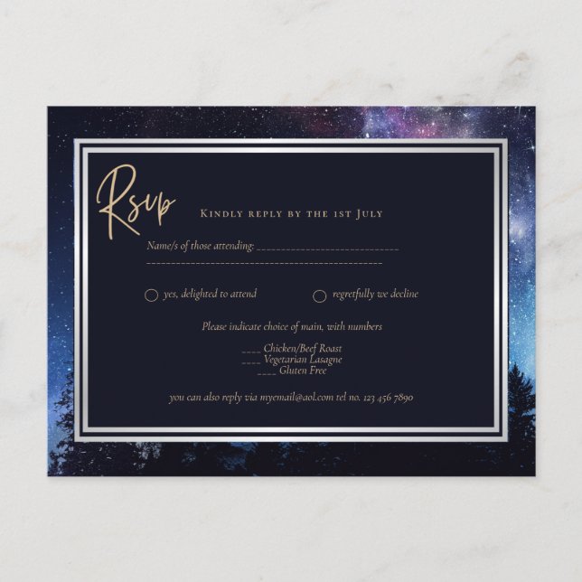 Postal Boda Starry Night Galaxy Boda RSVP Navy Gold (Anverso)