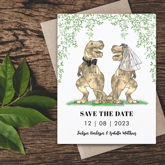 Postal Boda temática de dinosaurios, guarde la fecha (T-Rex bride and groom funny dinosaur themed wedding save the date invitation )