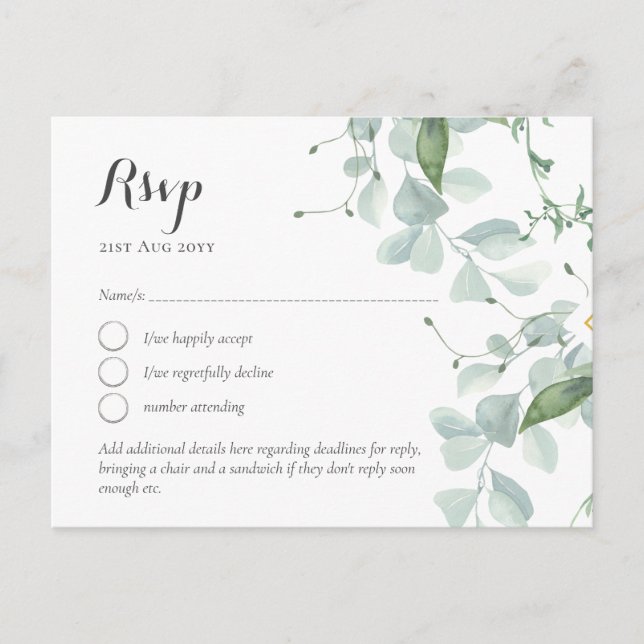 Postal Boda temática de LeahG Greenery RSVP (Anverso)