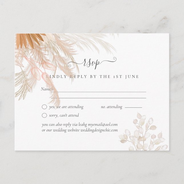 Postal Boda Tropical de Hierba de Pampas de Terracota (Anverso)