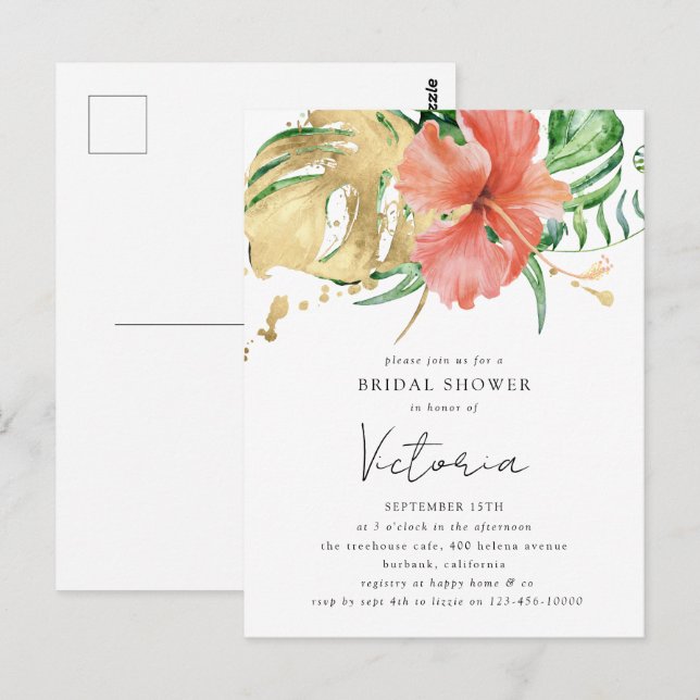 Postal Boda Tropical Floral Destino Boda Ducha Bridal (Anverso / Reverso)