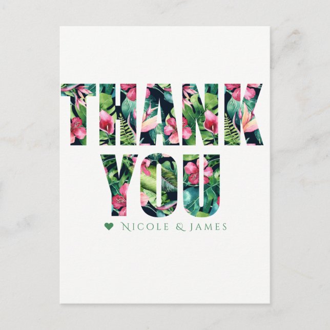 Postal Boda tropical floral hawaiano GRACIAS (Anverso)