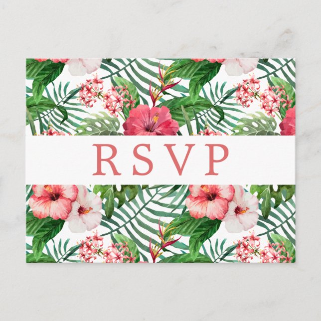Postal Boda tropical floral RSVP (Anverso)