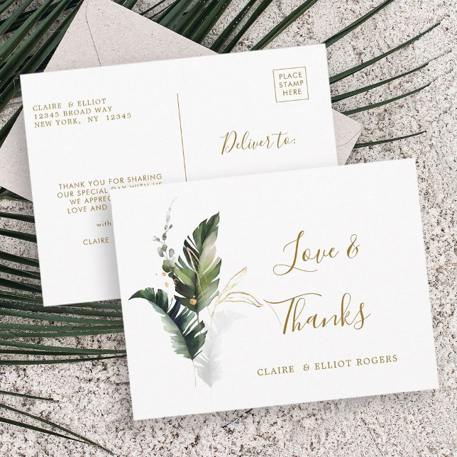 Postal Boda Tropical Foliage Gold Gracias (Front & Back)