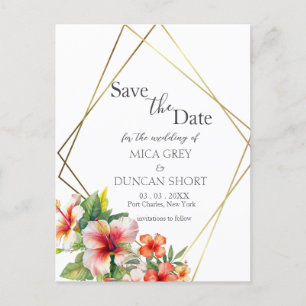 Postal Boda tropical hibiscus salva la fecha