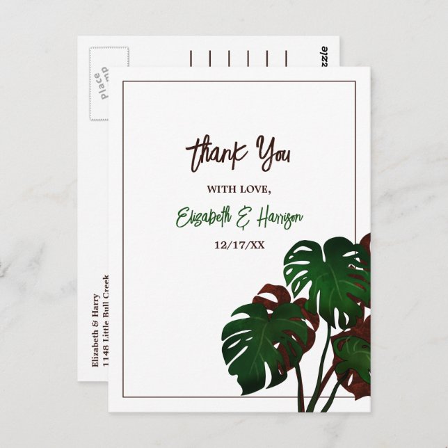 Postal Boda Tropical Monstera Beach Gracias (Anverso / Reverso)
