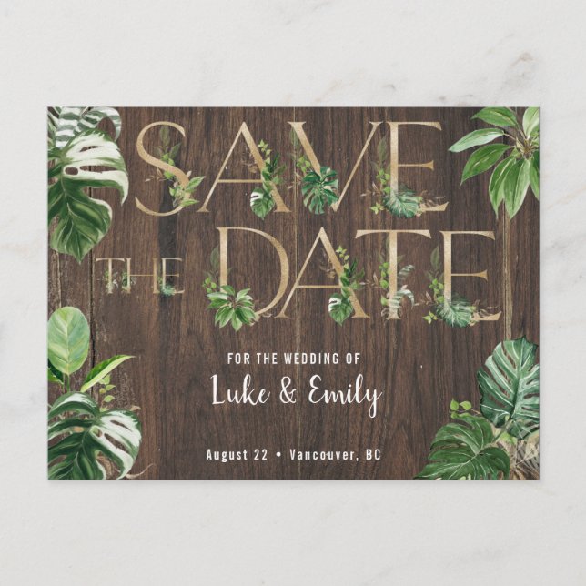 Postal Boda tropical Wood y Rustic Save the Date (Anverso)
