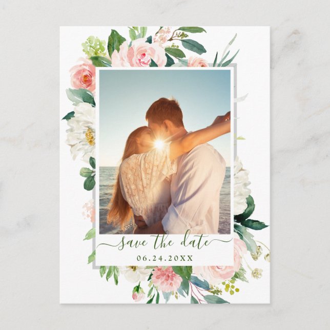 Postal Boda verde de flores rosas de Rubor salva la fecha (Anverso)