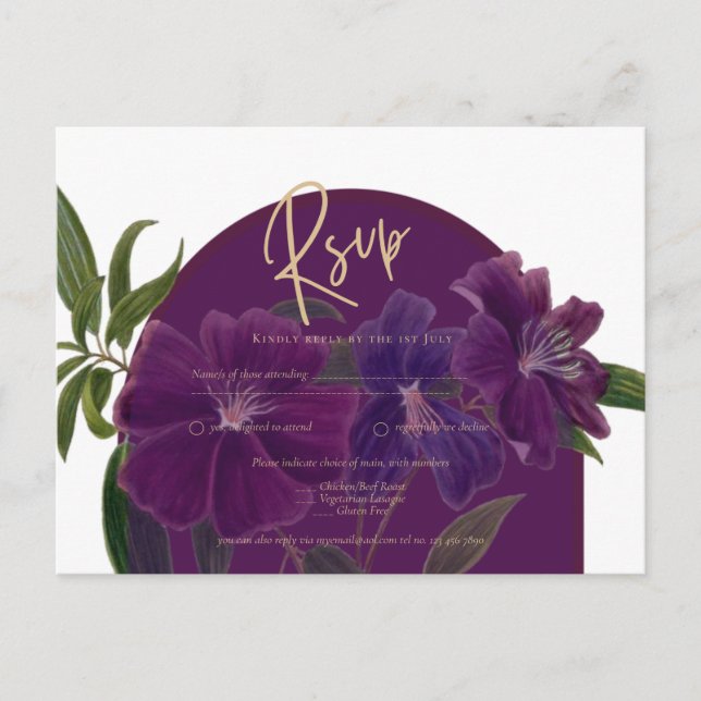 Postal Boda Verde de Plomo de Hierro Morado Floral (Anverso)