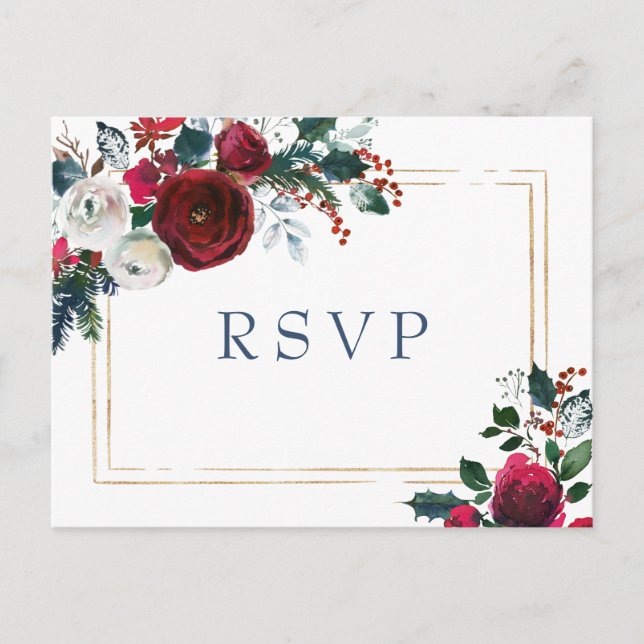 Postal Boda verde de Rosas de invierno de Borgoña RSVP (Anverso)