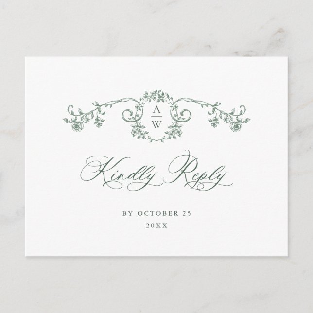 Postal Boda Verde Floral de Gracia Ornate Victoriana RSVP (Anverso)