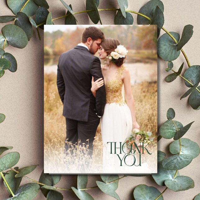 Postal Boda verde simple de caza de fotos gracias (Simple Photo Hunter Green Wedding Thank You Postcard)
