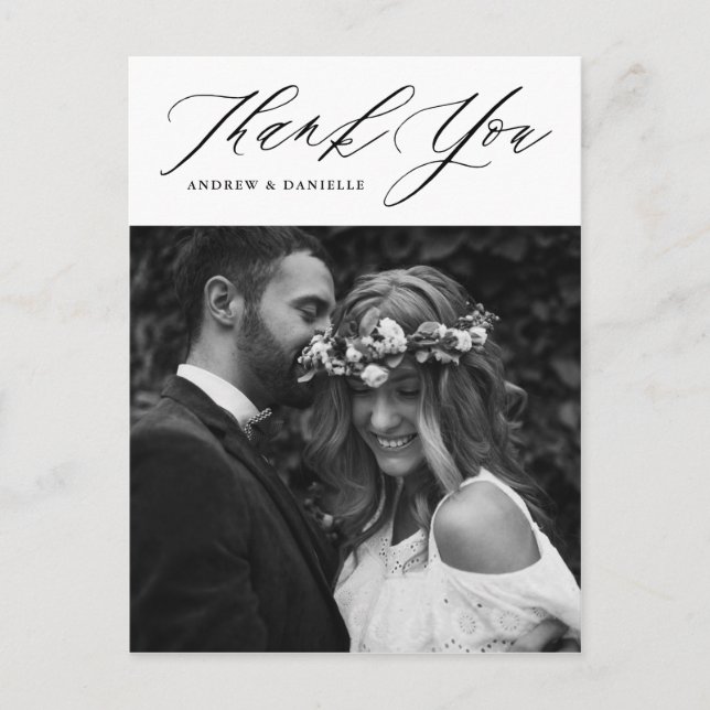 Postal Boda vertical de guión elegante negro gracias (Anverso)