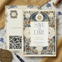Postal Boda Vintage Floral Celestial QR Save The Date