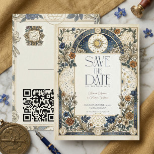 Postal Boda Vintage Floral Celestial QR Save The Date