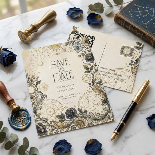 Postal Boda Vintage Floral Celestial QR Save The Date