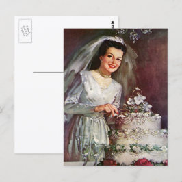 Postal Boda Vintage, Novia Cortando la Torta de Boda