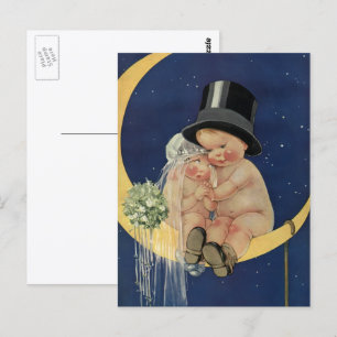 Postal Boda vintage, novia linda y novio en una luna