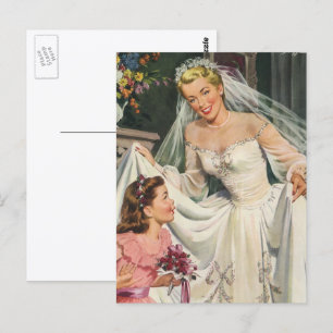 Postal Boda Vintage, Novia Retro con Niña de las Flores