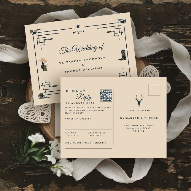 Postal Boda Vintage Occidental Código QR RSVP (western wedding rsvp postcard cowboy cowgirl country rustic ranch barn outdoor vintage elegant)