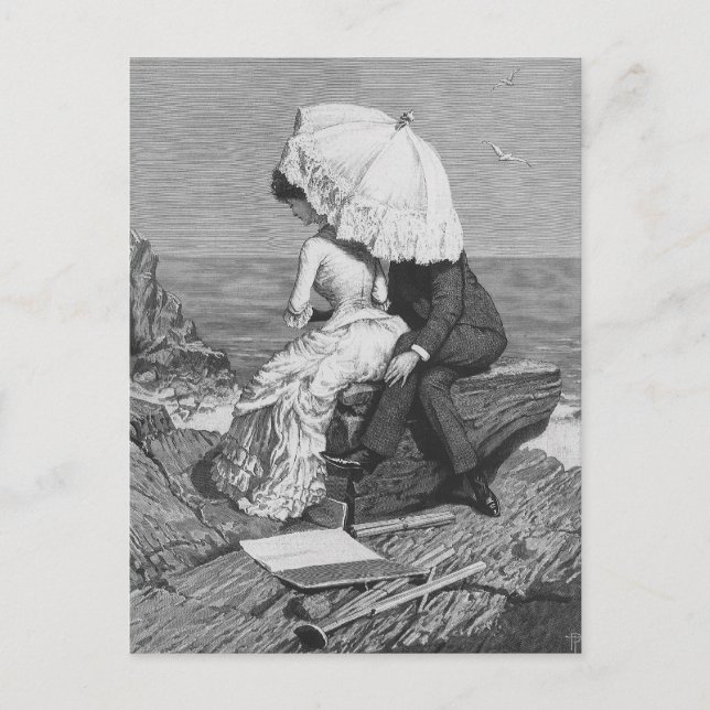 Postal Boda vintage, recién casados en la playa (Anverso)