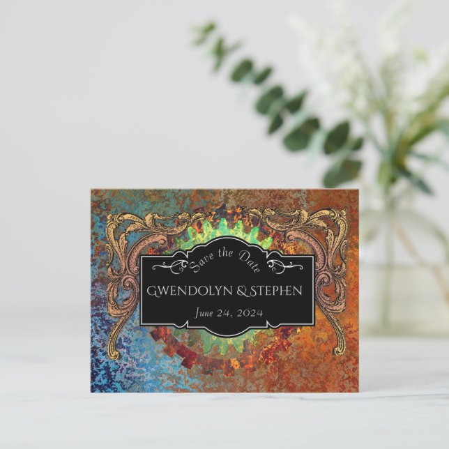 Postal Boda Vintage Steampunk "Guardar la Fecha" (Anverso de pie)