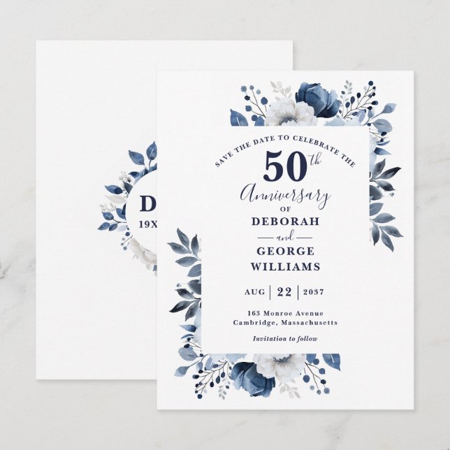 Postal Bodas de Flores Azules 50 Aniversario de Boda Save (Anverso / Reverso)