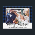 Postal Bodas de foto de Brussel con guión azul Navidades<br><div class="desc">Guión de pincel moderno Boda de color azul Navidades de foto</div>