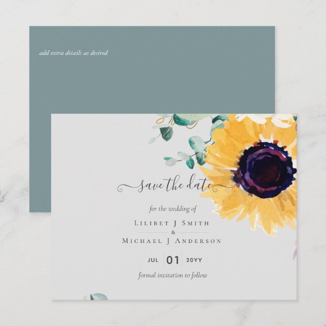Postal Bodas de Girasoles de Verano con Verde de Eucalipt (Anverso / Reverso)