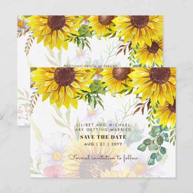 Postal Bodas de girasoles eucalipto verde GUARDAR FECHAS (Anverso / Reverso)