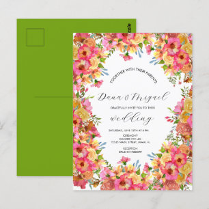 Postal Bodas Florales Brillantes de Acuarela en Color Ros