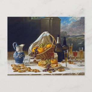 Postal Bodegón de arte fino vintage con vino y frutas