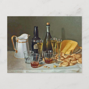 Postal Bodegón de arte fino vintage con vino y queso