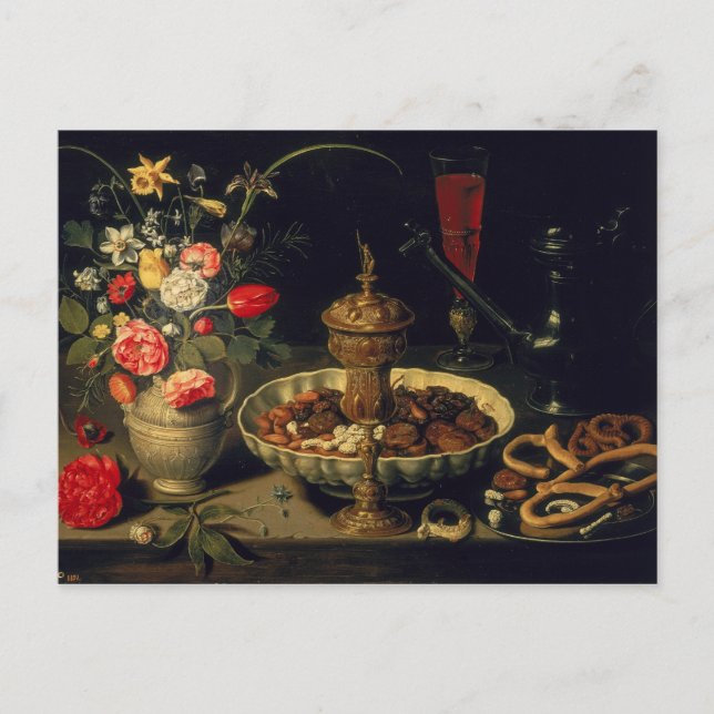 Postal Bodegón de flores y frutas secas, 1611 (Anverso)