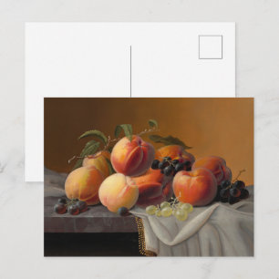 Postal Bodegón de frutas vintage melocotones uvas pintura