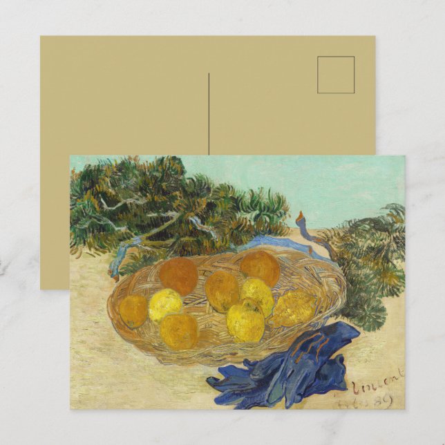 Postal Bodegón de naranjas limones guantes azules de Van  (Anverso / Reverso)