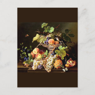 Postal Bodegón de uvas, frutas y pájaros