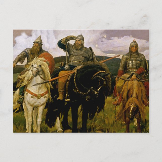 Postal "Bogatyrs rusos" de Victor Vasnetsov (Anverso)