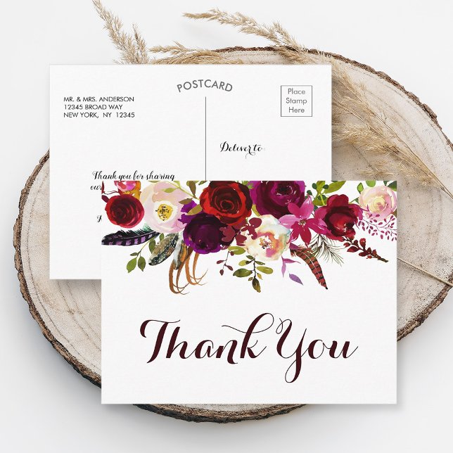 Postal Bohemia Floral Borgoña Boda Caída Bohemia Gracias (Front & Back)