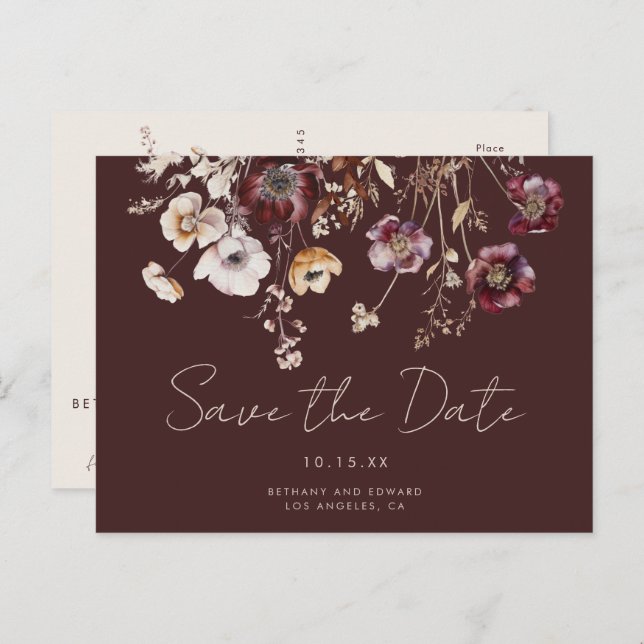 Postal Bohemian Fall Wildflower Wedding Save the Date (Anverso / Reverso)
