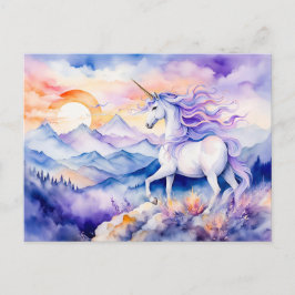 Postal Boho Acuarela Fuerte Unicornio de Pie Sobre Niebla
