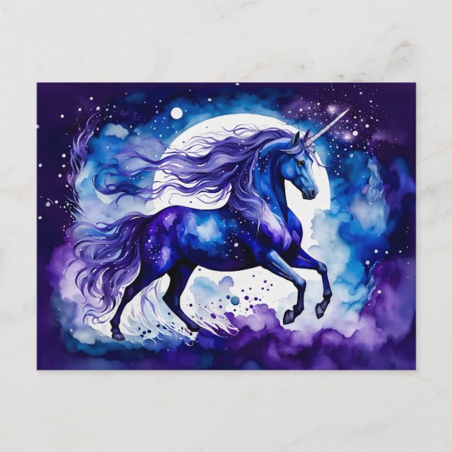 Postal Boho Acuarela Majestuoso Unicornio Azul Bajo las E (Anverso)