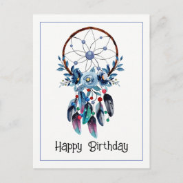 Postal Boho Azul Atrapasueños Pluma Floral Feliz Cumpleañ