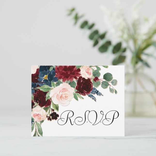 Postal Boho Bloom | RSVP rojo y azul marino de Borgoña (Anverso de pie)