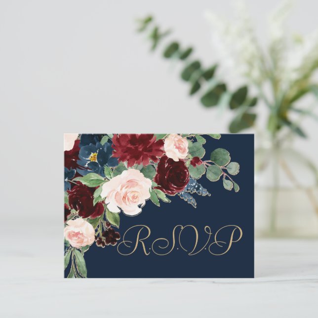 Postal Boho Blooms | Respuesta azul y borgoña de la Marin (Anverso de pie)