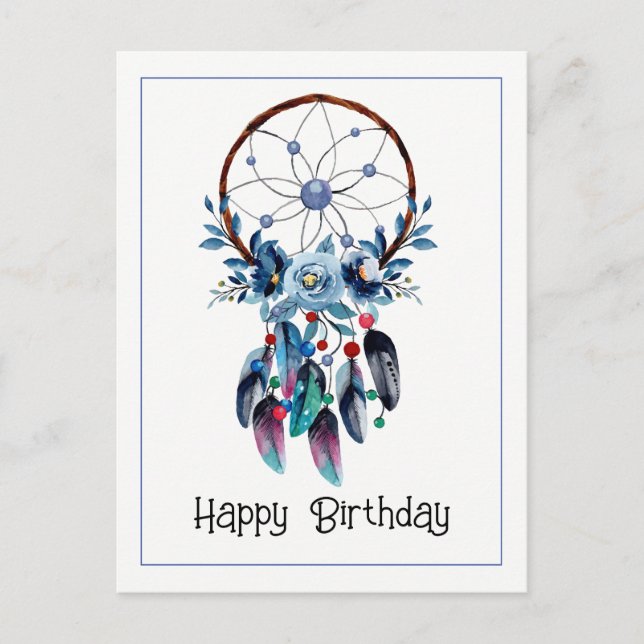 Postal Boho Blue Cazador de Sueños Pluma Floral Feliz Cum (Anverso)