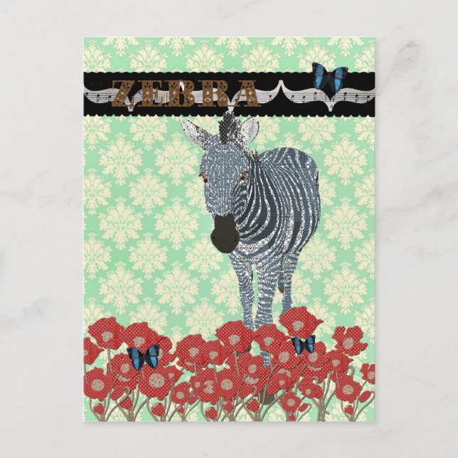 Postal Boho Blue Zeb y Butterflies Mint Julep Damask Pos (Anverso)