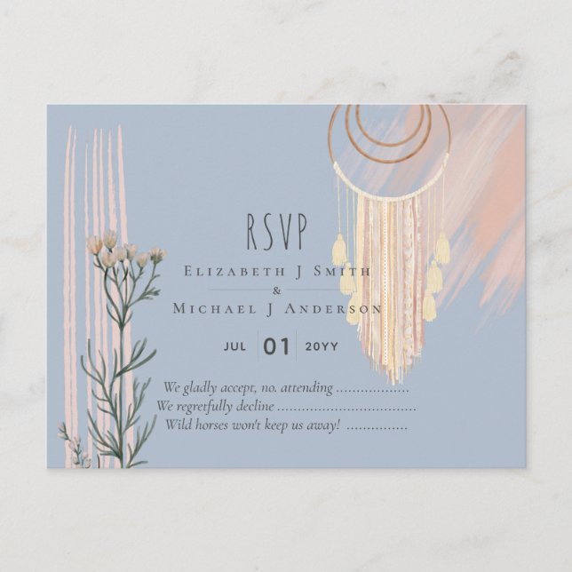 Postal BOHO Boda Atrapasueños Azul Polvo Melocotón RSVP (Anverso)