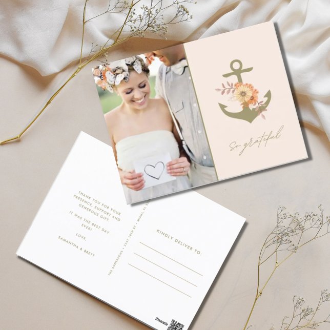 Postal Boho Boda Náutico Foto Gracias (Nautical Boho Wedding Photo Thank You Postcard)