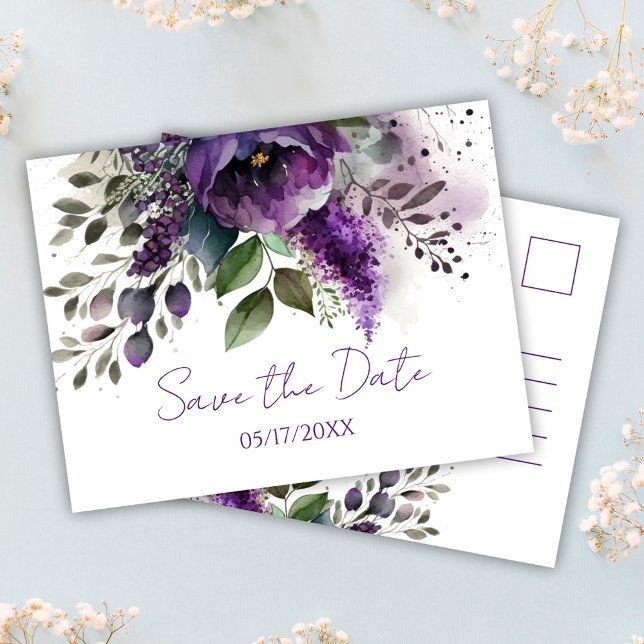 Postal Boho Botánico Morado Floral Moderno Ahorra La Fech (Purple Floral Modern Botanical Boho Save The Date Postcard)